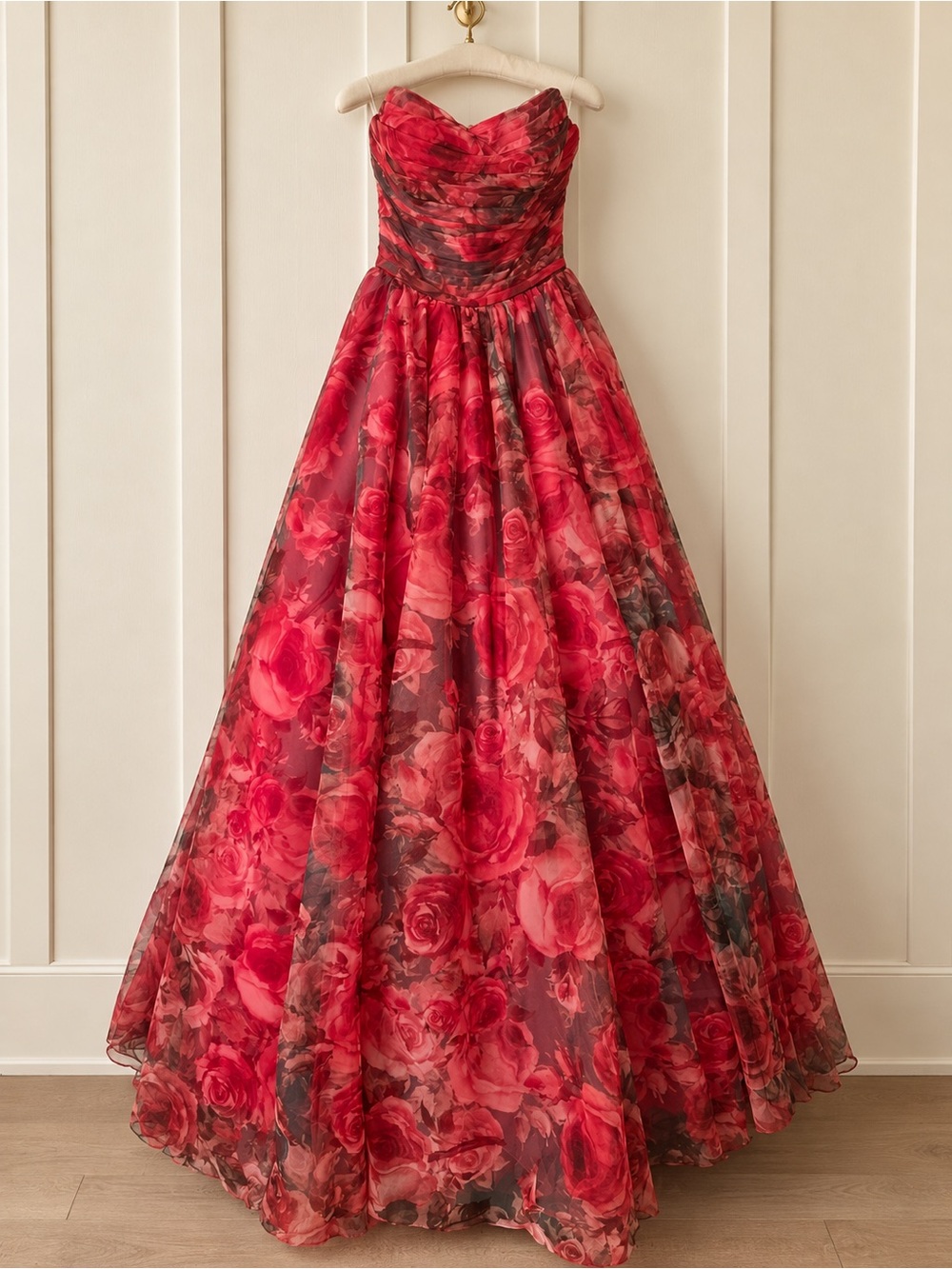 Mori Lee Strapless Red Rose Print Ball Gown